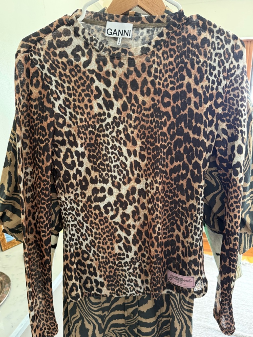 NWT Ganni Brown Black Cream Leopard-Print Long Sleeve Top